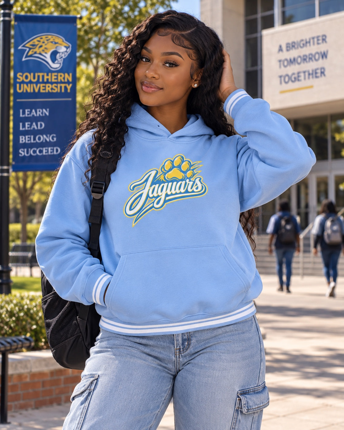 Southern University Jaguars light blue hoodie lifestyle mockup