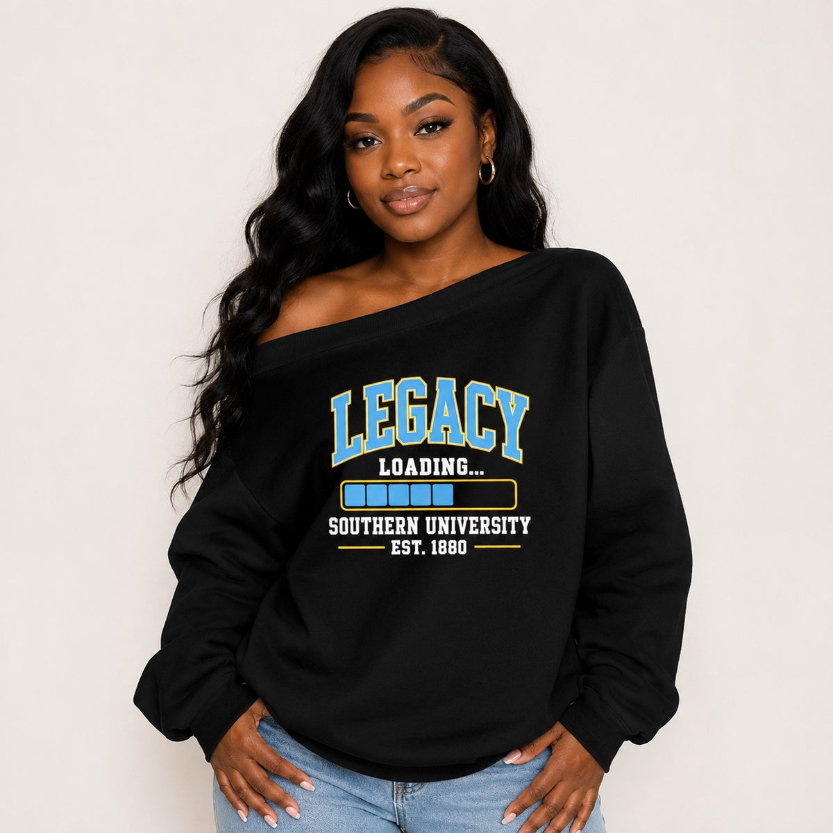 Southern University Legacy Loading off-shoulder sweatshirt on Black woman