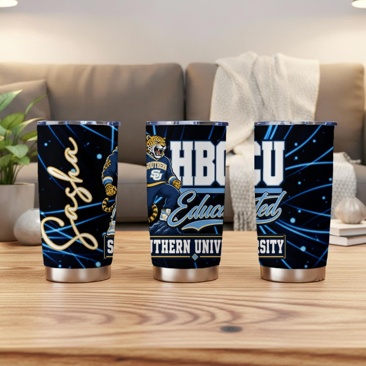 Southern University personalized 20oz tumbler shown from three angles