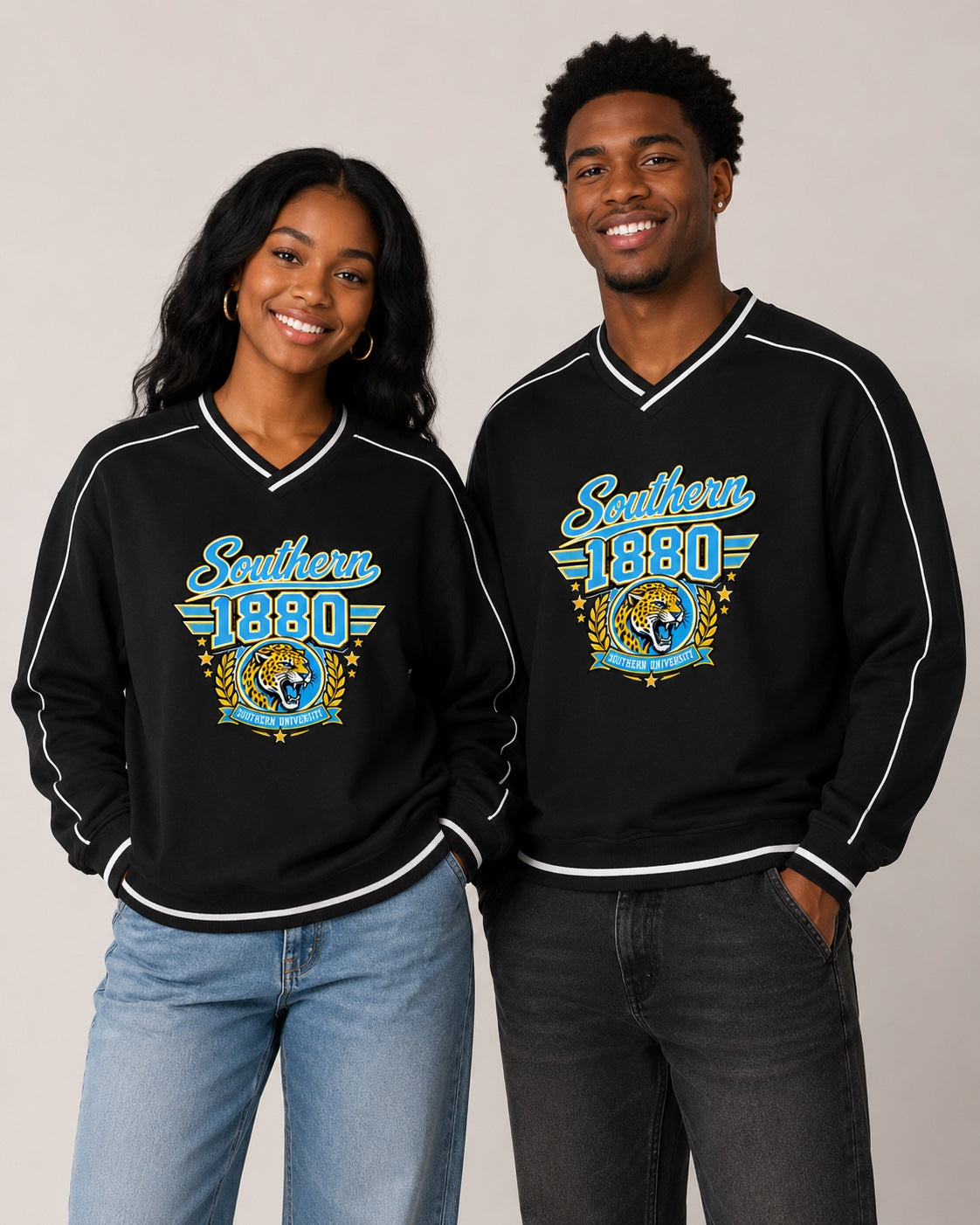 Two models wearing Southern University 1880 V-neck sweatshirts