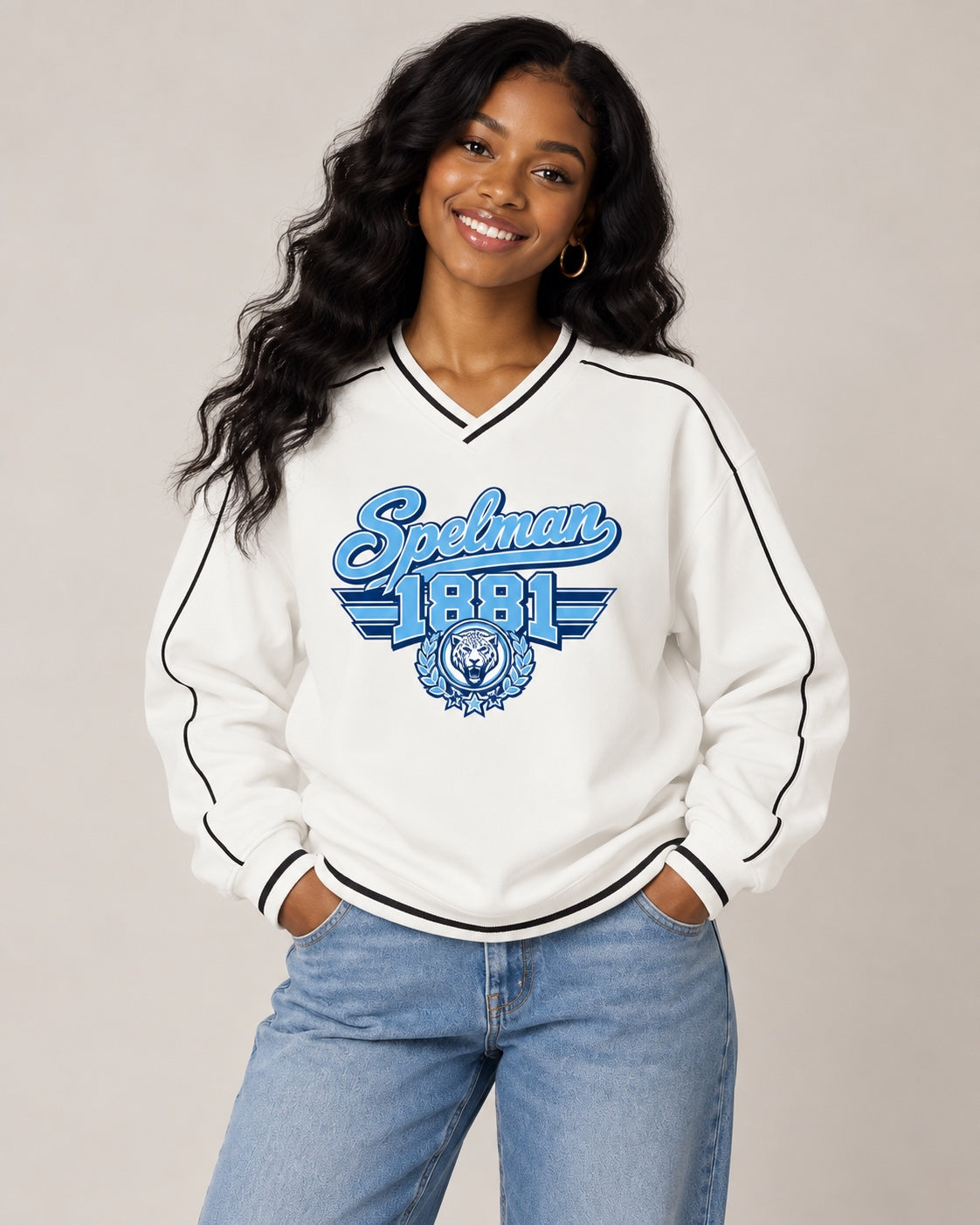 Spelman 1881 V-neck sweatshirt lifestyle mockup