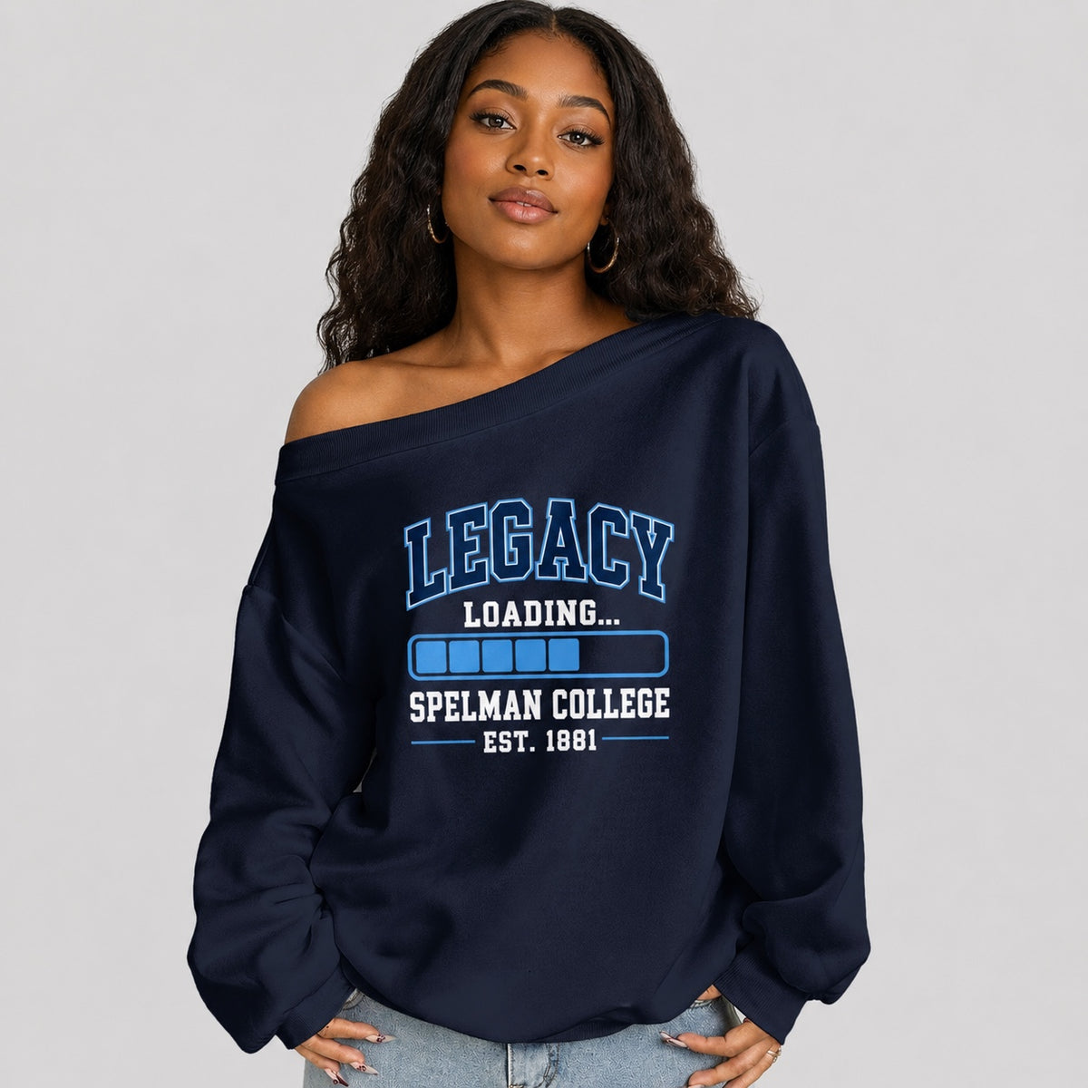 Spelman College Legacy Loading off-shoulder sweatshirt on Black woman