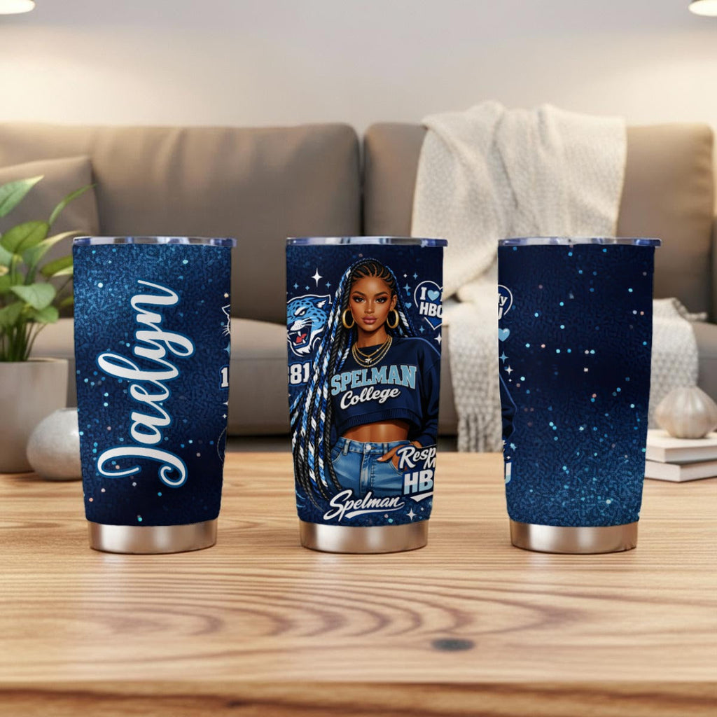 Spelman personalized 20oz tumbler shown from three angles