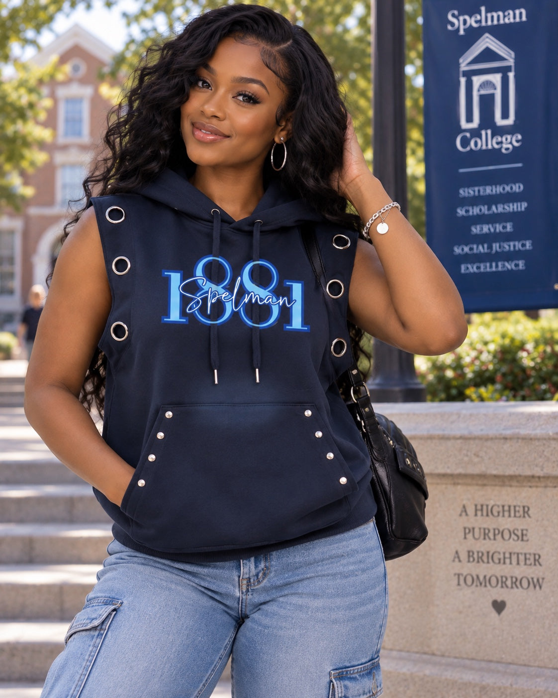 Spelman 1881 sleeveless hoodie lifestyle mockup