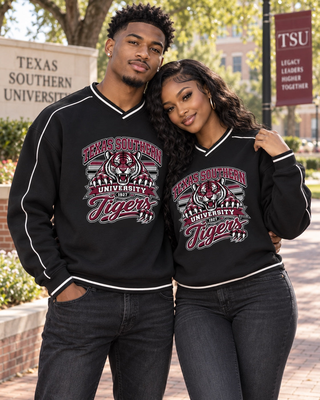 Texas Southern couple wearing black V-neck sweatshirts