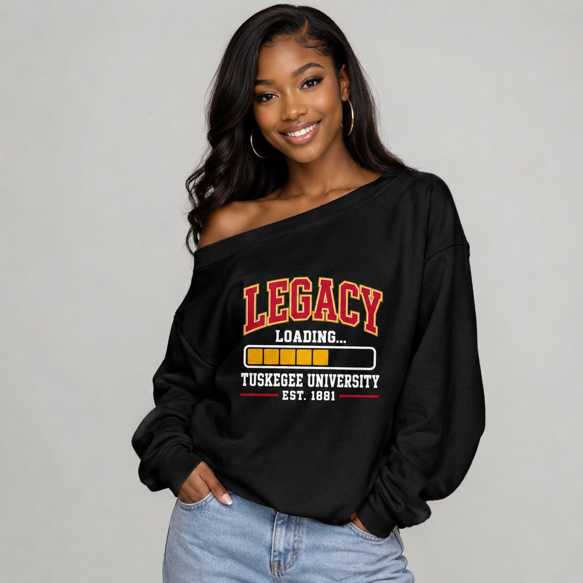 Tuskegee University Legacy Loading off-shoulder sweatshirt on Black woman