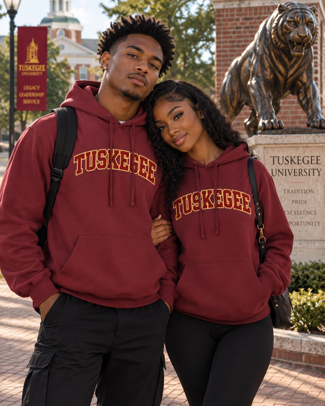 Tuskegee University maroon hoodie lifestyle mockup with two college students